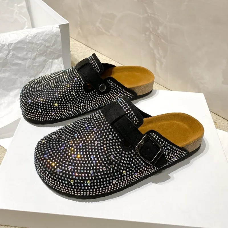 Shiny Rhinestones Outdoor Slippers Women\'s Shoes 2024 Summer Trend Luxury Platform Sandals Black Buckle Cork Clog Luxury Mules