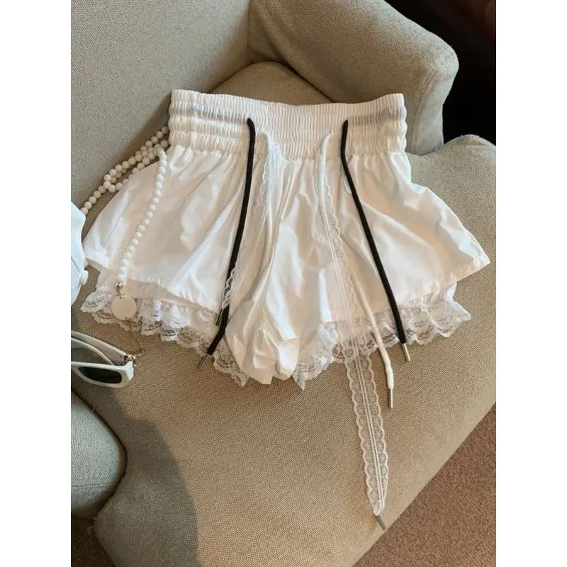 

Y2K Lace Splice Утягивающие широкие брюки Dstring Fem up Faion Комплект ort Length Layering Effect Модный студенческий orm