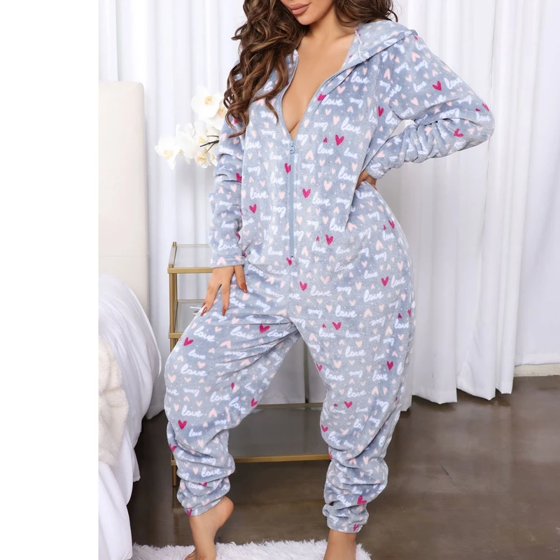 Women's Christmas Hoodie Pajamas Elk Snowflake Print Fleece Jumpsuit Long Sleeve Zipper Romper Loungewear for Fall Winter