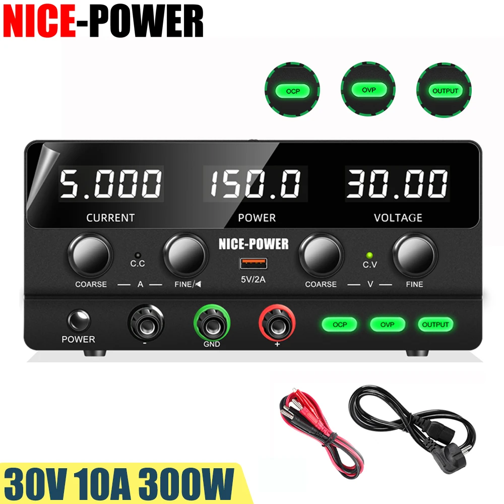 

NICE-POWER SPPS-H305 30В 5А 150Вт 24В 15В 12В 2А Зарядное устройство для аккумуляторов, импульсный источник питания постоянного тока с защитой от перегрузки по току (OCP) и перенапряжению (OVP), регулируемый лабораторный стабилизатор напряжения