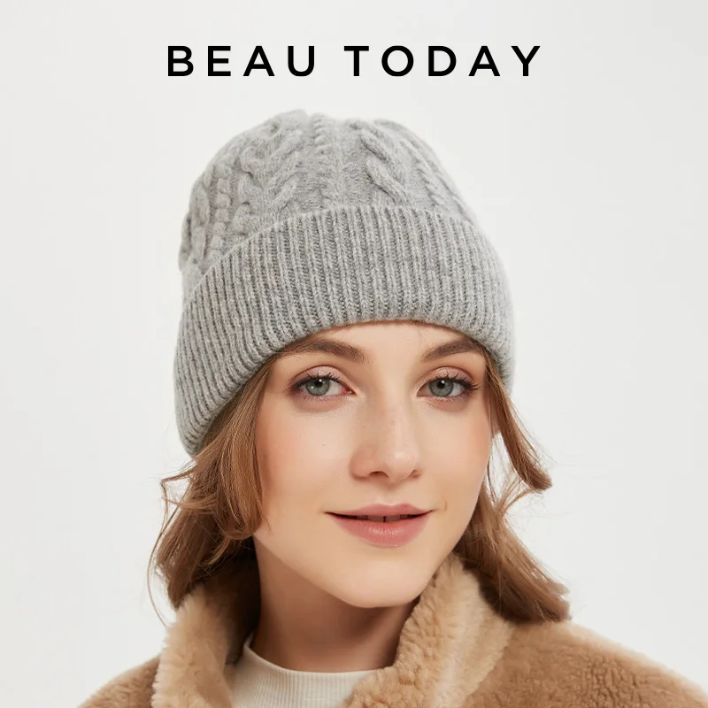 

BEAUTODAY Warm Woolen Hats Women Genuine Sheep Wool Solid Color 2023 Winter Ladies Accessories Handmade 96512