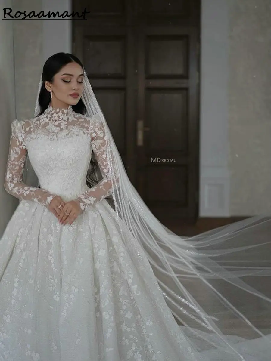 Luxury Long Sleeve Appliques Lace A-Line Wedding Dresses High Neck Customized Country Bridal Gowns