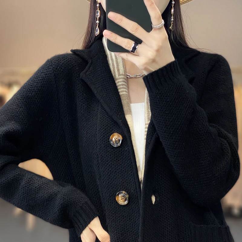 Hot selling women\'s cardigan 100% cashmere wool sweater solid color knitting long sleeve lapel wool sweater Autumn and winter