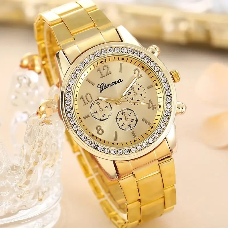 2pcs Luxury Women Diamond Watches Hip Hop Bracelet Ladies Quartz Watch Rose Gold Womens Wristwatch Shiny Crystal Reloj Mujer