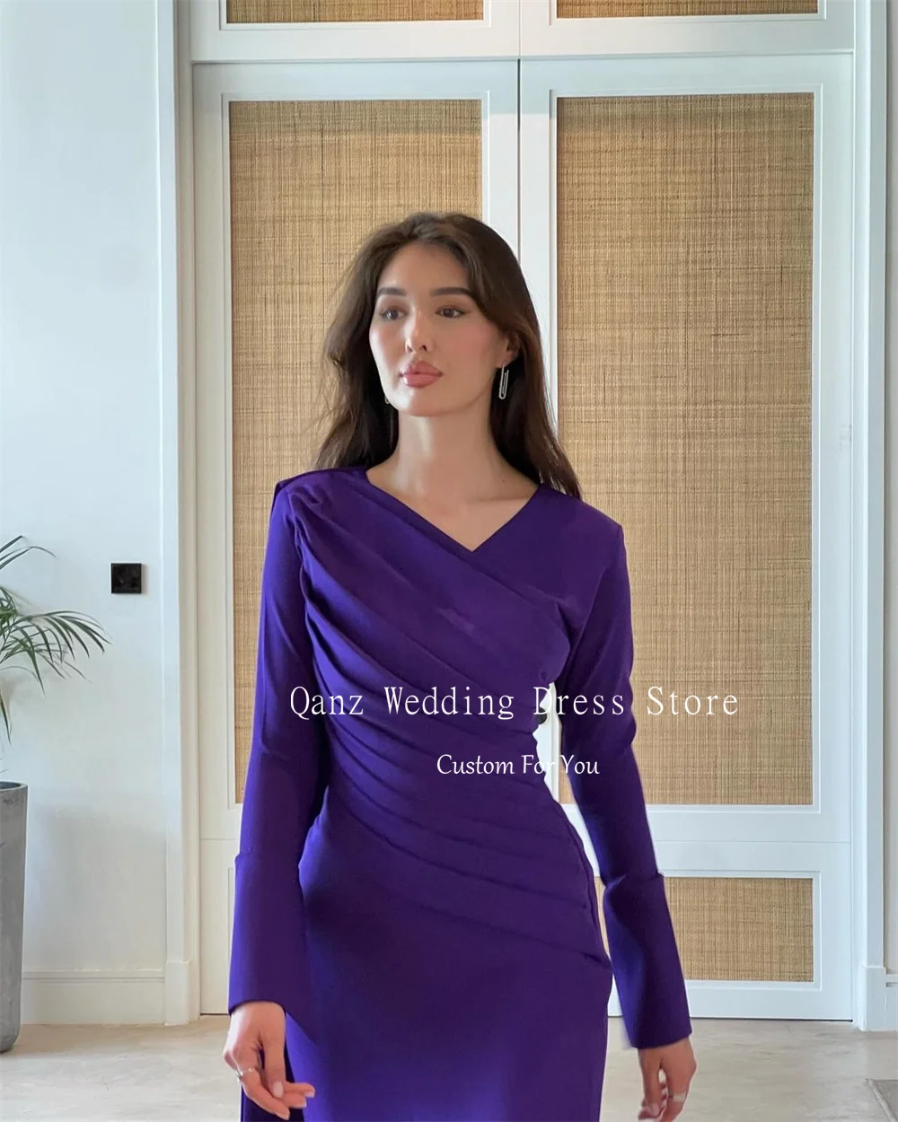 Qanz Purple Satin Arabia Evening Dresses Long Sleeves Abendkleid Luxury 2024 Mermaid Floor Length Party Dress Women Customized