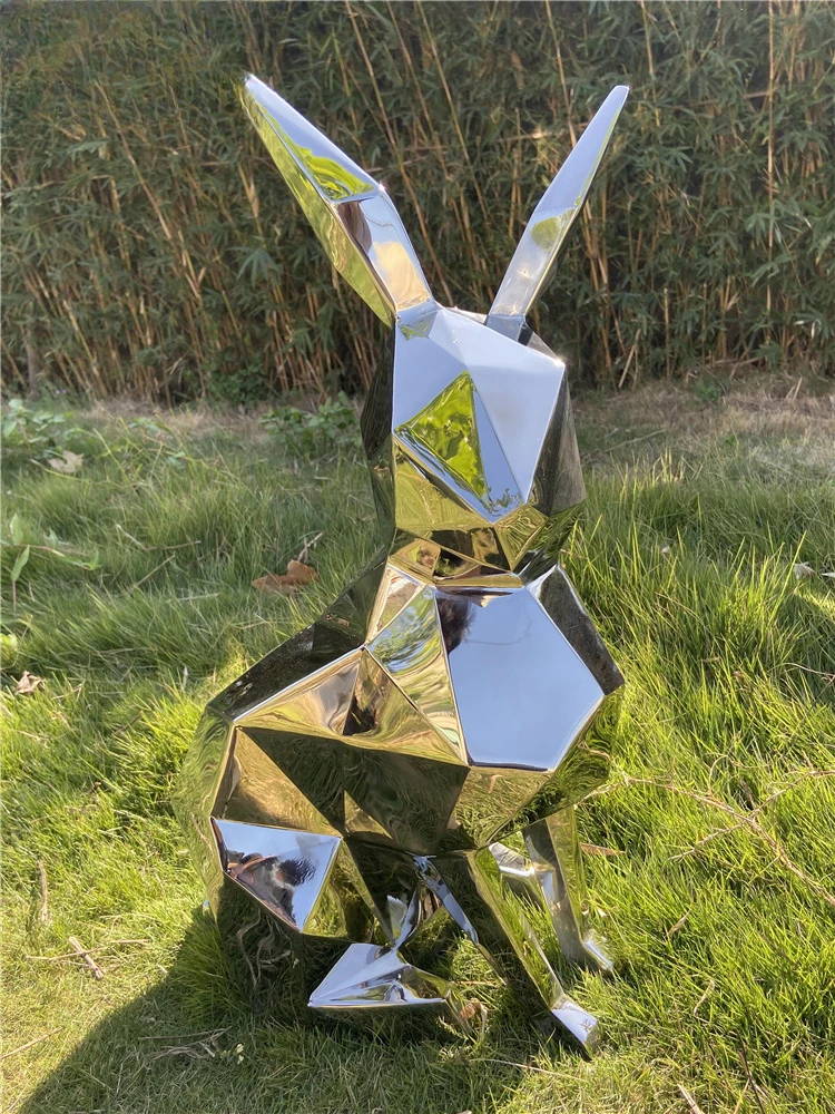 Outdoor landscape stainless steel geometric rabbit sculpture ornament hotel metal customization