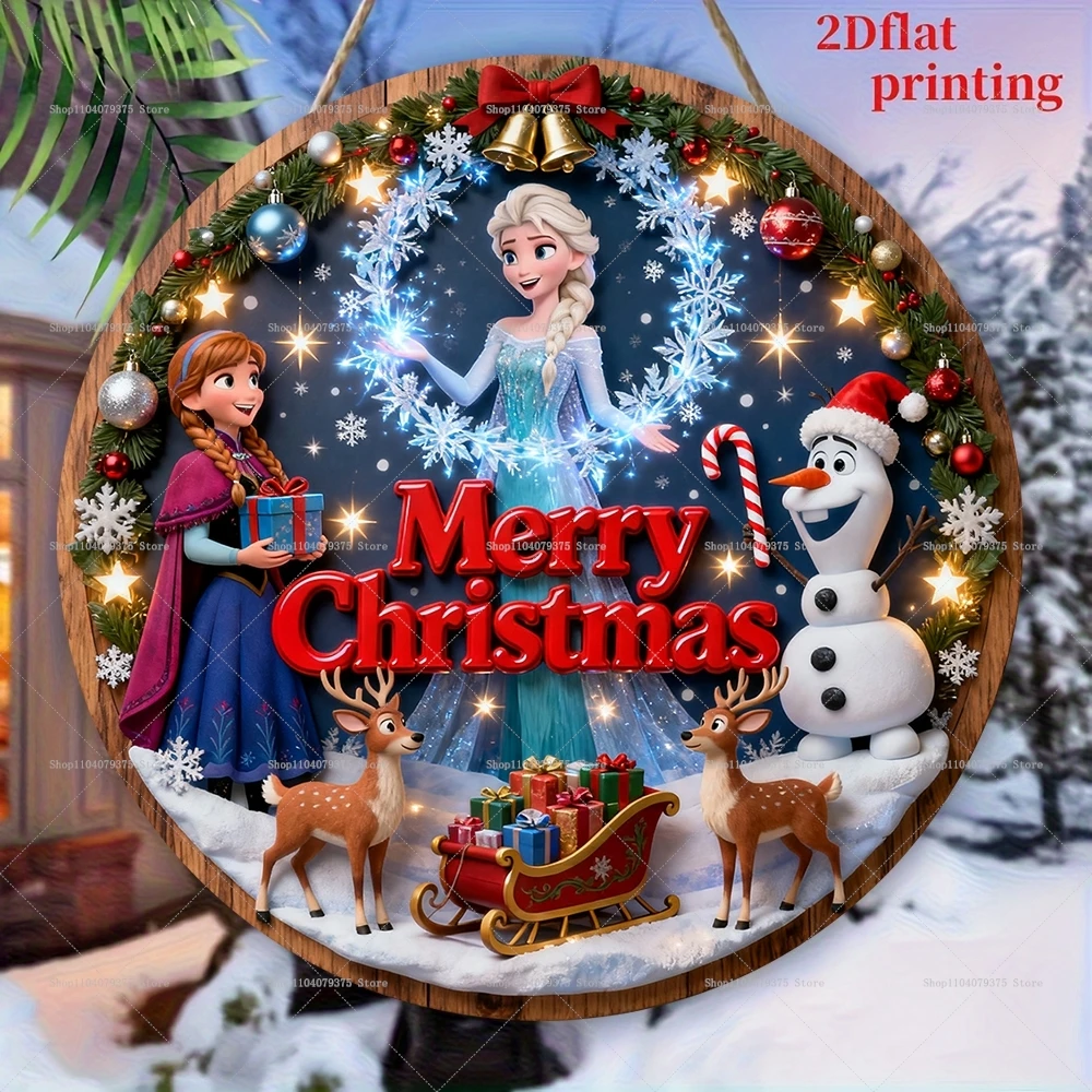 Feliz Navidad Disney Frozen Sign, placa colgante de madera redonda personalizada, puerta delantera, pared, decoración de celebración de fiestas navideñas
