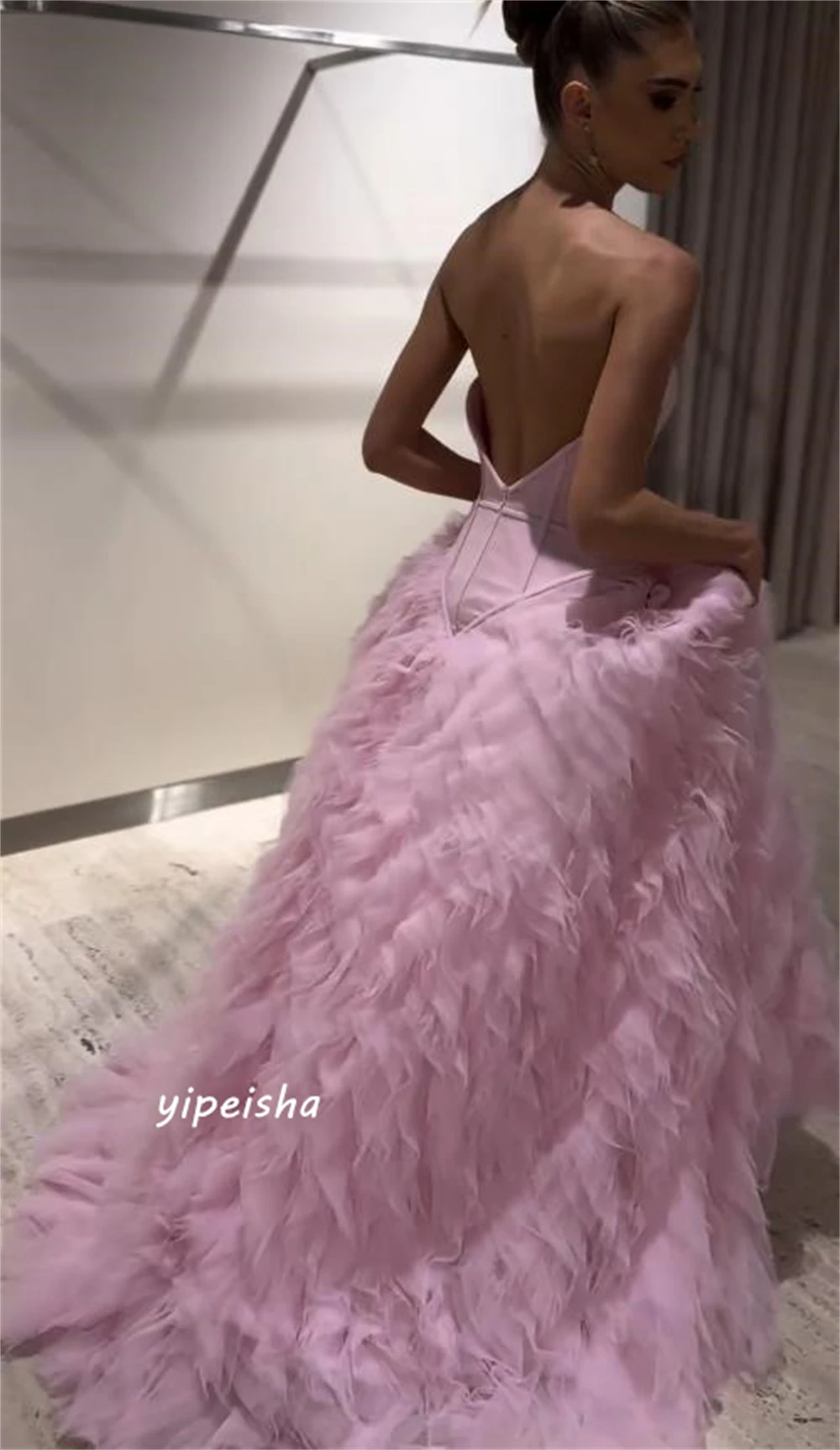 Women Intricate Strapless Ball Gown Quinceanera Open Back Draped Sweep/Brush Skirts Net/Tulle Evening