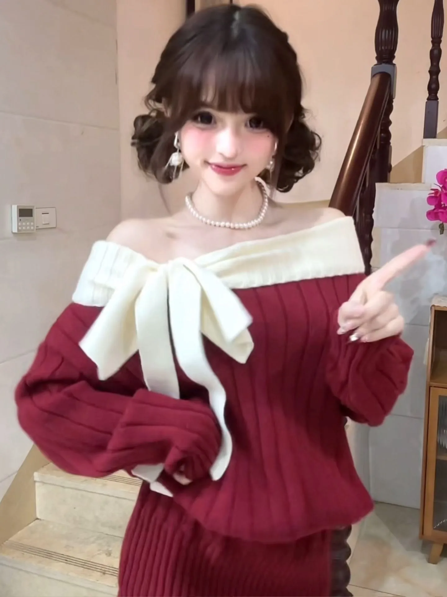 

Cisas New Year Red One-oulder Knot Knitted Dr Women's Autumn Winter Slimming Sexy Butt-Hing Skirt