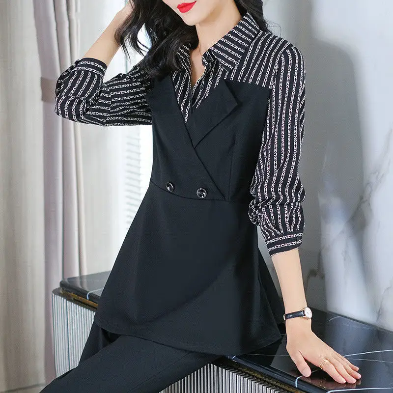 Elegant Fashion Button Patchwork Chiffon Shirt Spring Autumn 2023 New Polo-Neck Long Sleeve Slim Pullover Blouse Women\'s Clothes