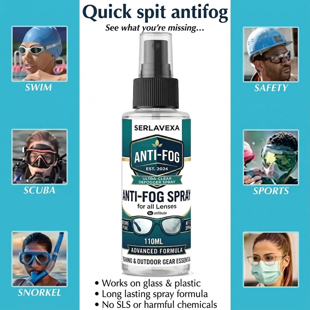 SERLAVEXA 110ml Anti Fog Spray for Swimming Goggles Dive Mask Defogger Lens Cleaner Long Lasting Clear Vision Liquid
