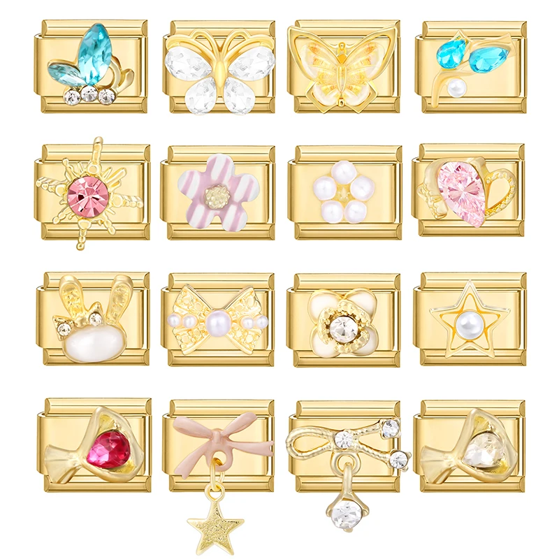 الزركون القلب القوس الكرز الصليب ستار القمر اللؤلؤ الذهب اللون الإيطالية سحر الروابط صالح 9 مللي متر الفولاذ المقاوم للصدأ سوار المرأة DIY بها بنفسك صنع