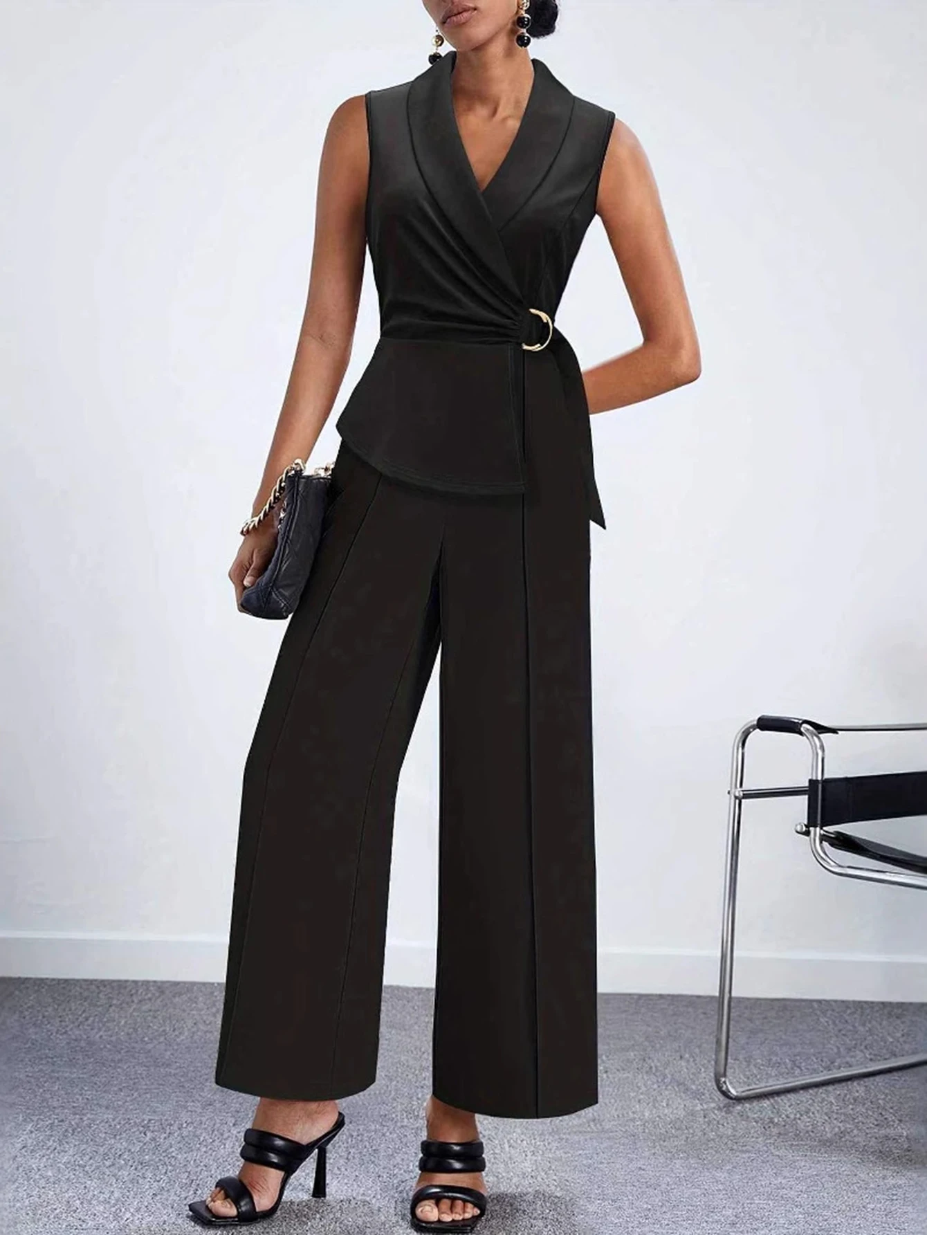 

Autumn Women's Sleeveless V-Neck Jumpsuits Elegant Sexy Contrast Color Basic Ankle Length One-Piece Suit