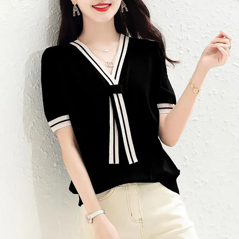 Women Summer Korean New V-neck Ice Silk Pullover Fashion Navy Style Color Block T-shirt Soft Casual Versatile Short Sleeve Tops