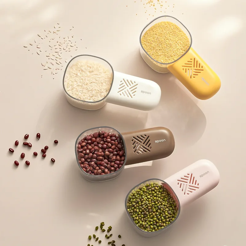 

Insect-proof Box Scale Measuring Rice Spoon Storage Cavity Removable Handle Grain Spoon Transparent Plastic Pet Food Scoop