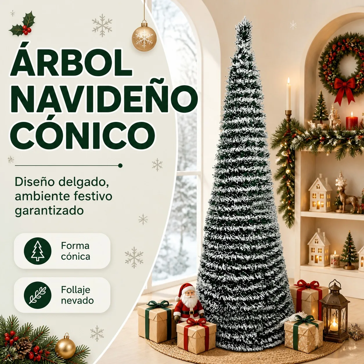 Albero di Natale conico e sottile, con fogliame artificiale effetto neve in PET, elegante decorazione natalizia per piccoli spazi, disponibile in altezze di 120 cm, 150 cm e 180 cm.