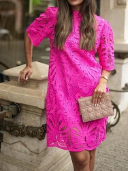 2025 New Half Sleeve Solid Party Dress Hollow Out Summer Loose Fit Office Lady Stand Collar Mini Dress Streetwear Dropshipping