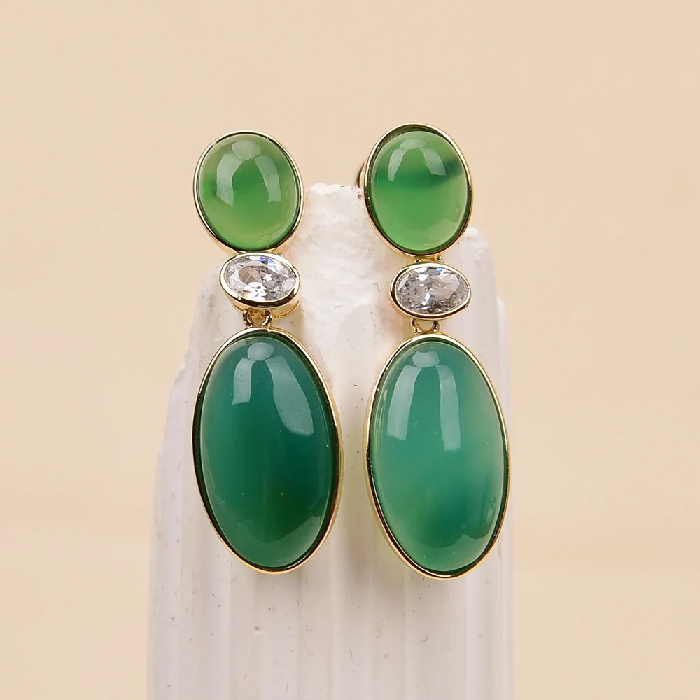 

Natural Green Agate Clear Crystal Stone Gold Plated Earrings Cute style For Lady