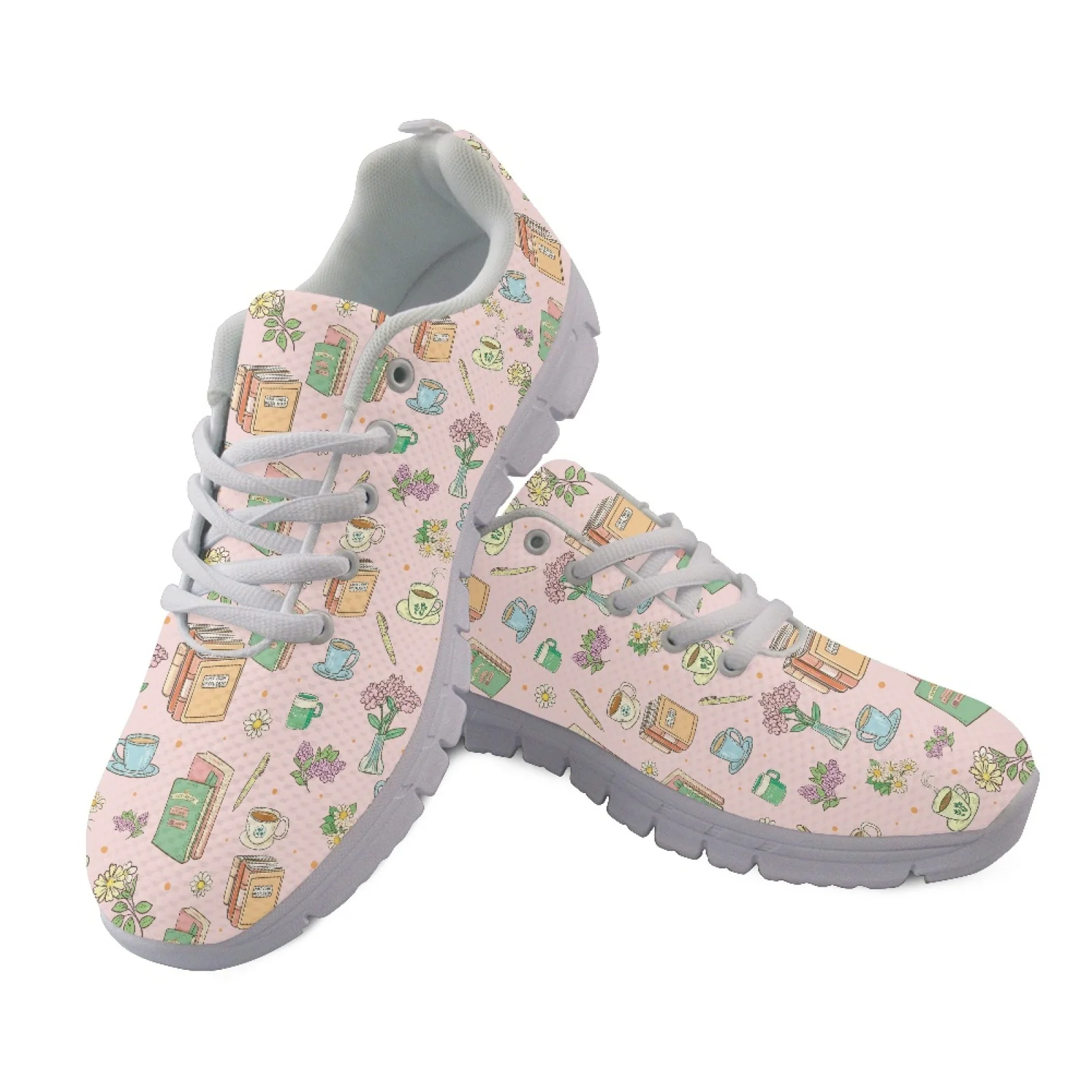 Coloranimal Books Coffee Flowers Fitness Shoes Mesh & EVA Sole, Breathable Lace up Sneakers for Men and Women Outdoor Jogging