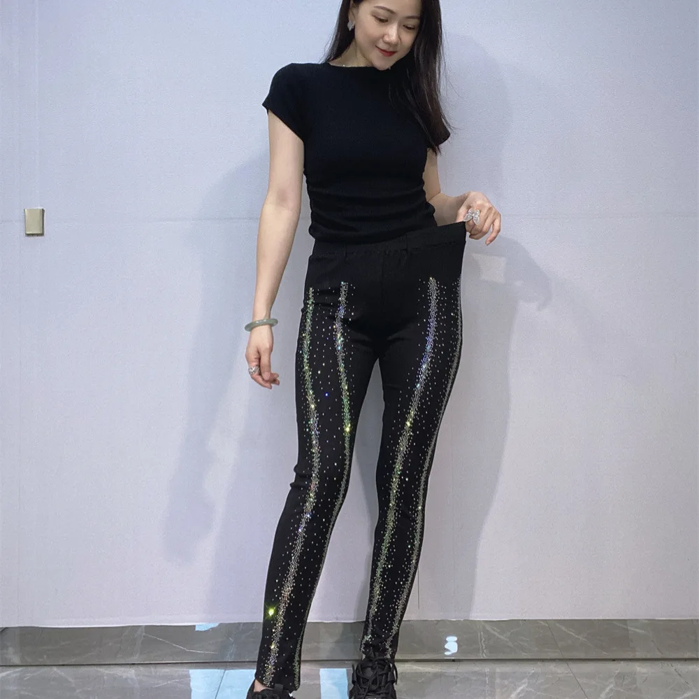 trendy new spring autumn high waist women slimming skinny bottom pants vertical stripes hot diamonds ankle-length black leggings