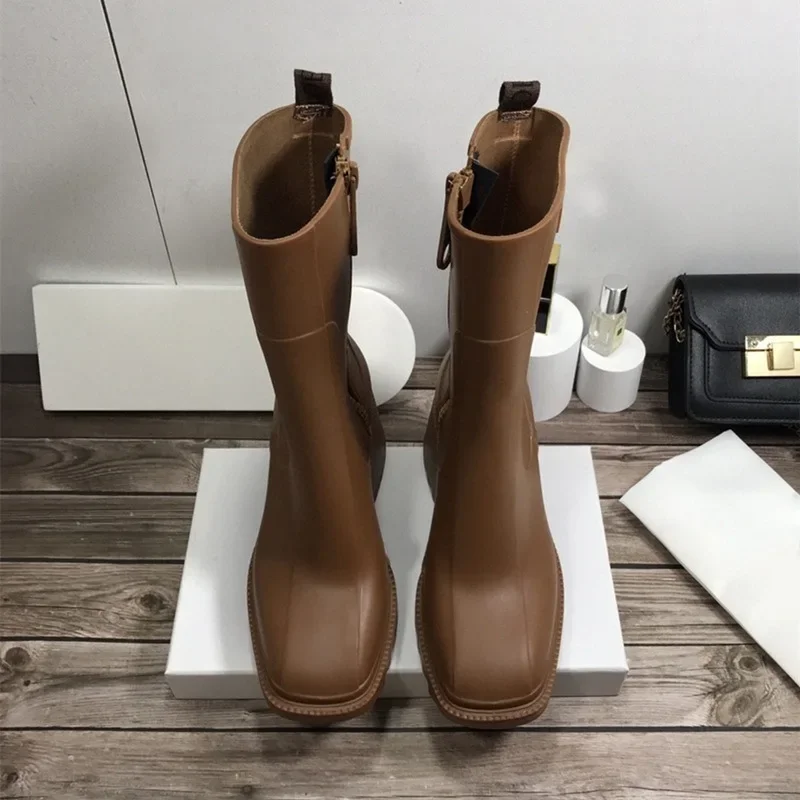 Chunky Heel wysokość zwiększenie krótkie buty kostki pcv Rainboots 2021 marka Runway kobiety gruba podeszwa buty motocyklowe dla kobiet