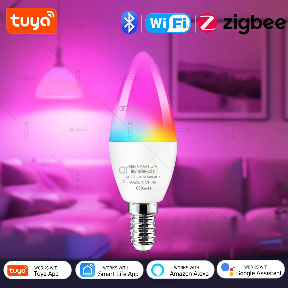 Tuya E14 LED لمبة واي فاي زيجبي بلوتوث اختياري، عكس الضوء الذكية Led مصباح RGBCW Led ضوء لمبة العمل مع أليكسا امازون جوجل المنزل