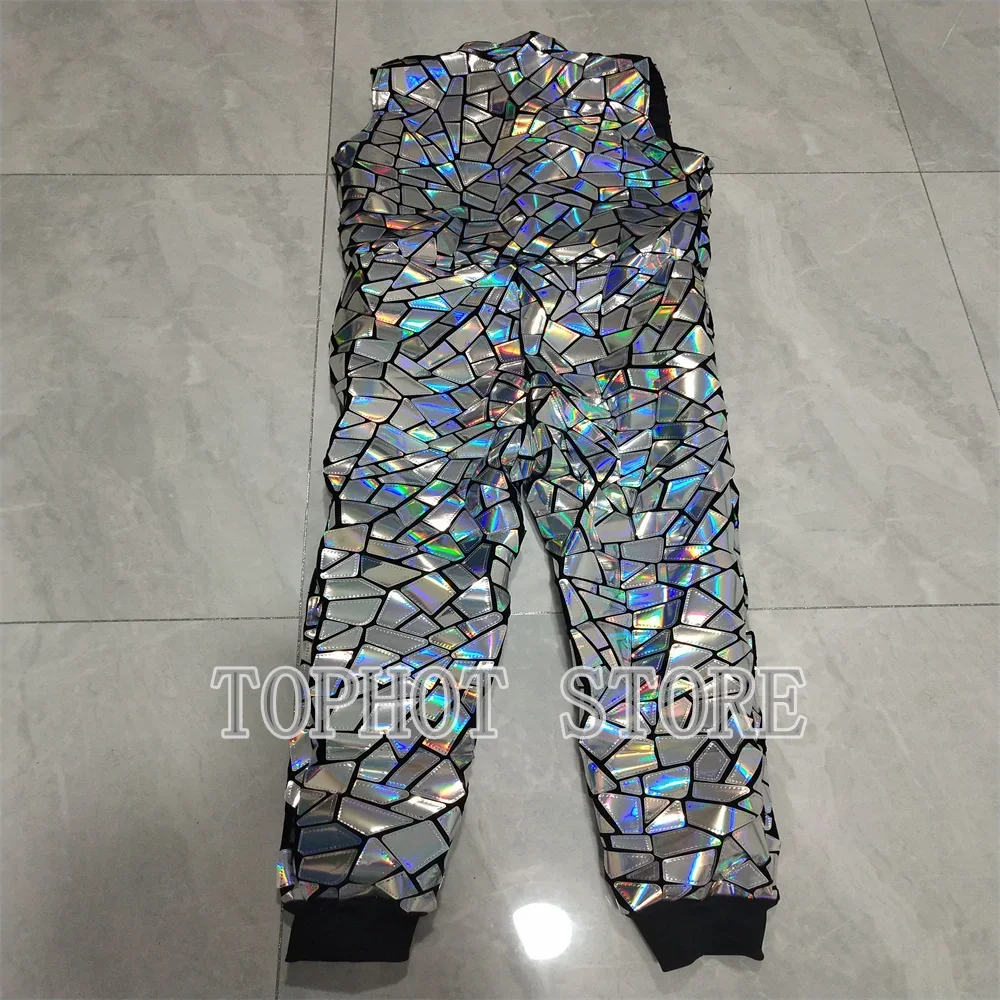 Glitter Silver Laser Mirror Sleeveless Jumpsuit Men Hip Hop Dance Team Bar Stage Performance Costume Festival Party Rave Outfits