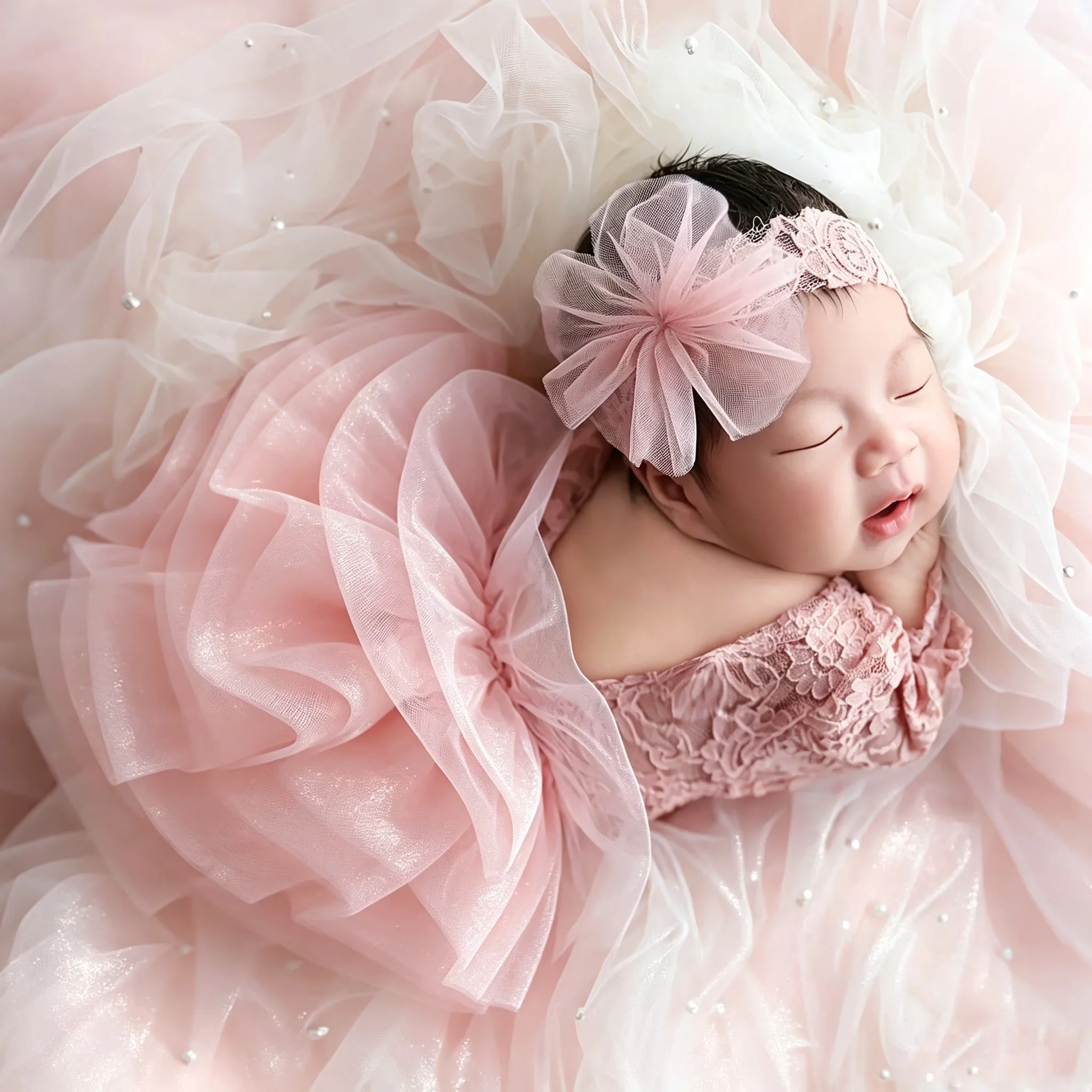 

Ylsteed 2 Pieces Set Dusty Pink Newborn Lace Romper for Photo Shooting Fluffy Mesh Lace Photography Outfits with Headband