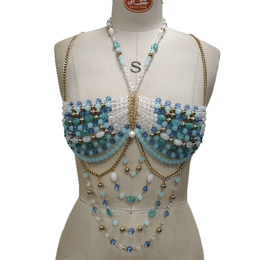 INS Multi-color Blue Acrylic Stone Beaded Bra Tops Halter Vest Breast Chain Sexy Women Crystal Bead Strip Dance Party Body Chain - view 5