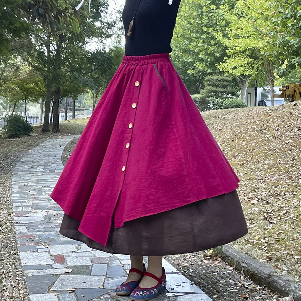 

TIYIHAILEY Long Maxi A-line Elastic High Waist Women Cotton And Linen Button Skirts Big Hem 2024 New Fashion