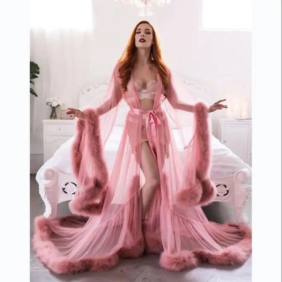 สีชมพูเสื้อคลุมอาบน้ำชุดนอนหรูหราขนเข็มขัดภาพลวงตางานแต่งงานชุดนอน Custom Made ชุดนอนเสื้อคลุม Pregant ภาพ