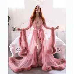 Pink Luxury Fur Sleepwear, Custom Made Camisolas, Nightwear Robe, Pijamas Pijamas, Belt Illusion, Festa de casamento