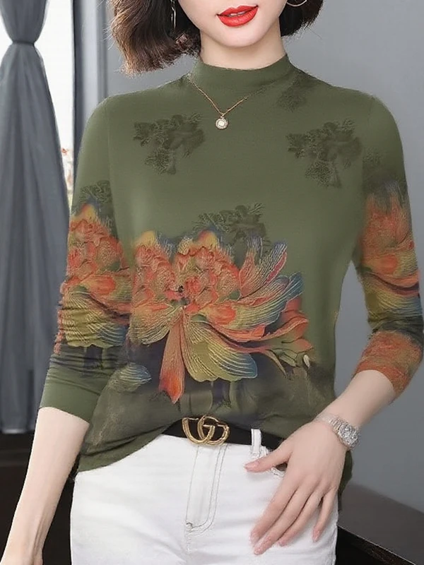 

Elegant Long Sleeve Fleece Lined Printed Base Shirt for Women Thickened Half High Collar Warm Slimming Top for Middle-Aged Mo...