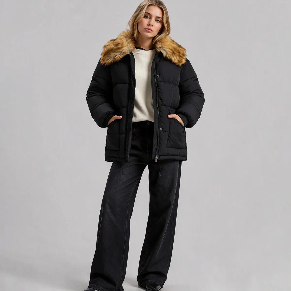 Women Black Puffer Jacket with Brown Faux Fur Collar, Zip Snap Closure Flap Pockets Drawstring Hem, Winter Warm Casual Outerwear
