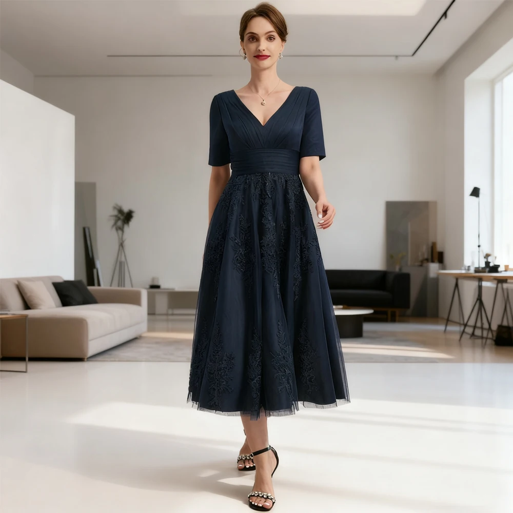 

Half Sleeve Navy Blue Mother of Bride Dresses for Women 2025 Summer New Tea Length Wedding Party Dresses Soft Tulle Robe De