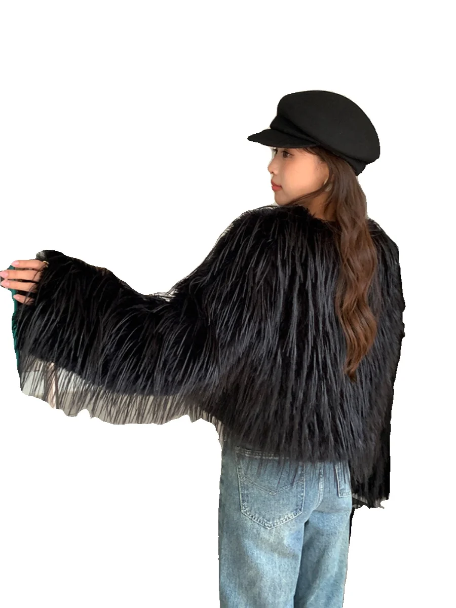 معطف فرو صناعي كوري أنيق للنساء، سترة دافئة عصرية، معطف طويل بياقة على شكل V