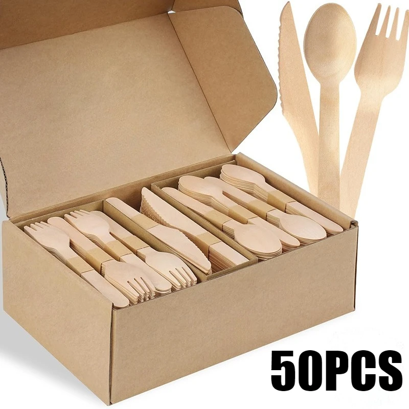 50 Uds. Juego de cubiertos desechables de madera con cuchara, tenedor, fiestas de cumpleaños y bodas, postres, pasteles, helado, cubiertos de madera desechables