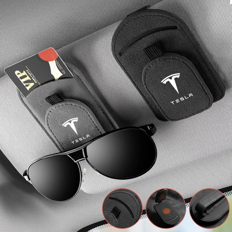 1PC Suede Car Sun Visor Glasses Clip Sunglasses Ticket Card Holder for Tesla Model 3 Model S Model X Model Y Cybertruck Roadster