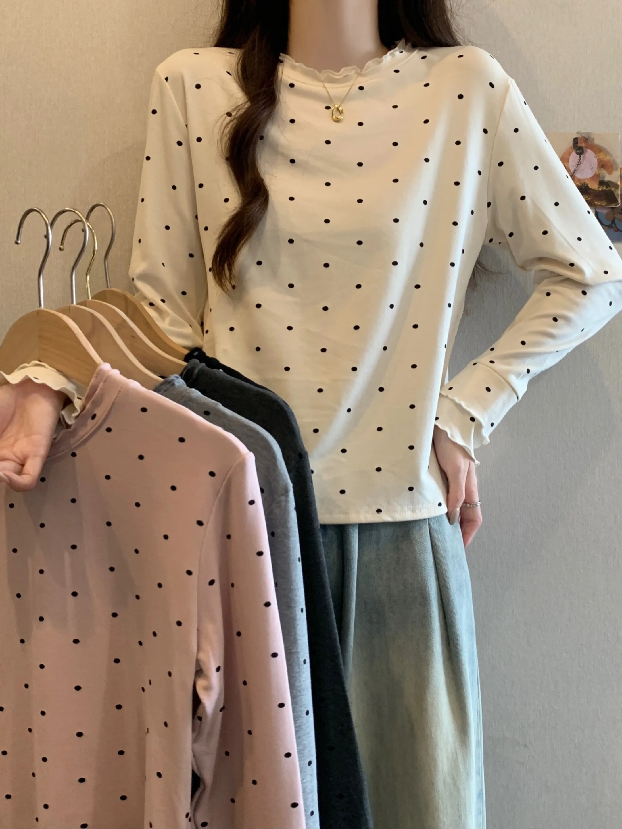 

plus Size Women's Long Sleeve Knitwear Polka Dot Design Autumn Winter Slimming Versatile Base Layer Top with Wood Grain