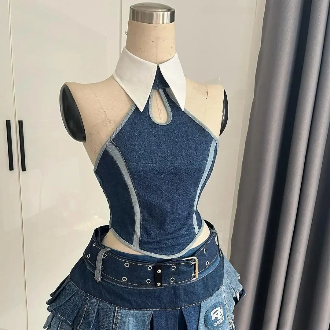 Y2K 스타일 민소매 하프 스커트 섹시 숏 스커트 kpop 댄스 의상 로리타 세트