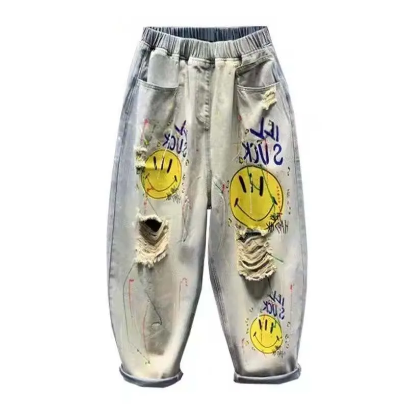 Fashion Printed Ripped Distressed Jeans for Women Summer Steetwear High-waisted Casual Denim Straight-leg Versatile Harem Pants