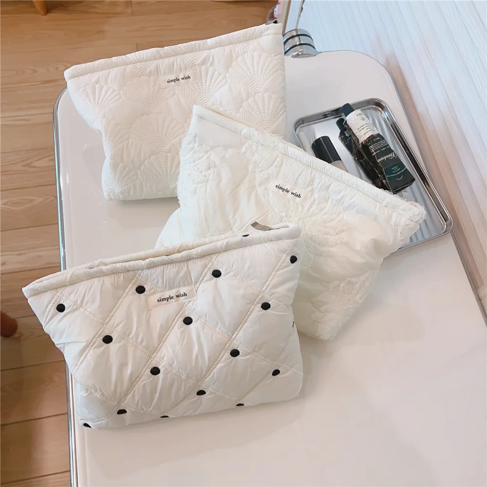 

Quilting White Cotton Makeup Bag Women Zipper Cosmetic Organizer Female Cloth Handbag Box Shape Portable Toiletry Case For Girls