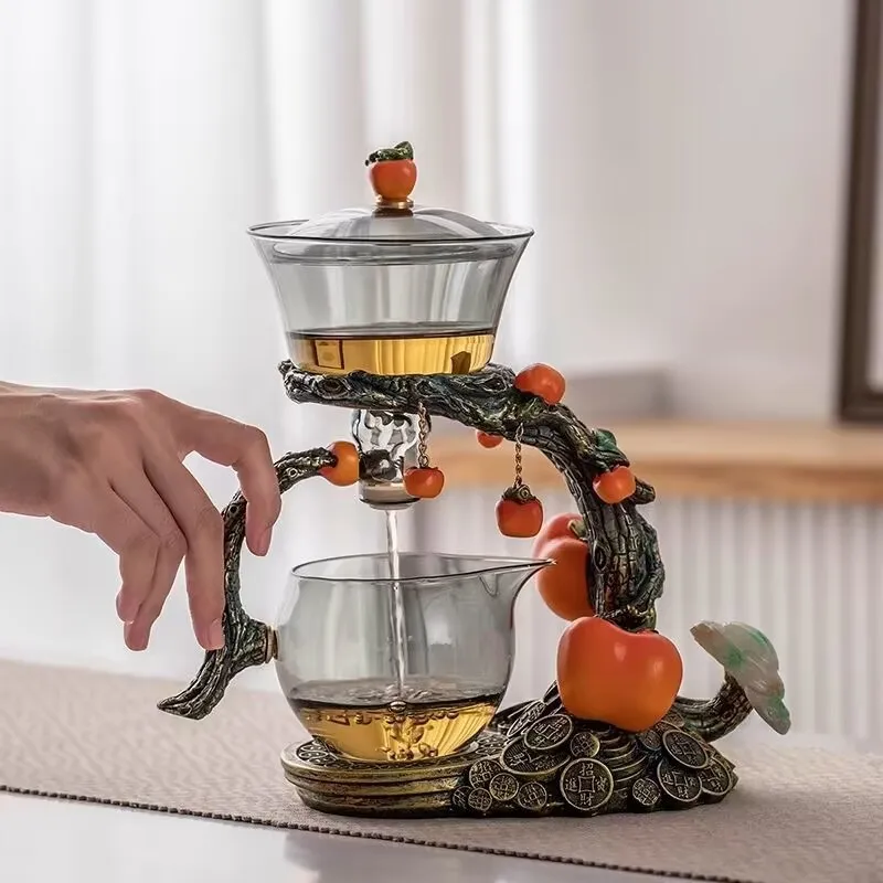 Persimmon and Ruyi Glass Automatic Tea Set for Home Use Kung Fu Teacup Magnetic Teapot Lazy Tea Maker