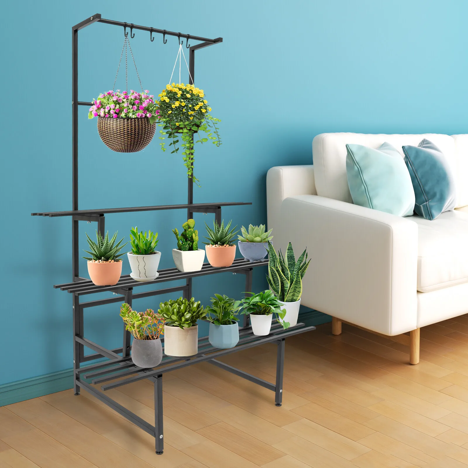 

3-Tiers Garden Plant Stand Carbon Steel Holder Black Plant Stand with Hanging Rods