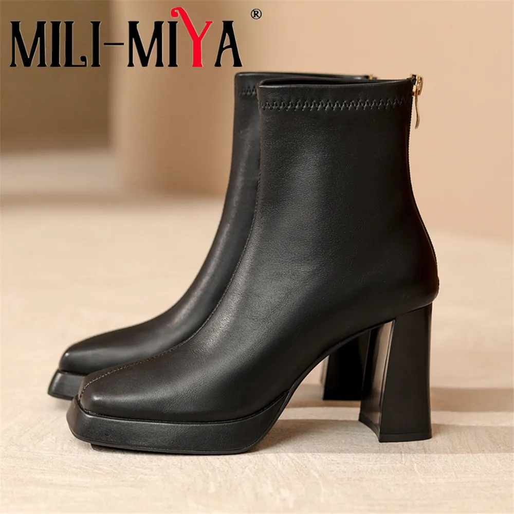 MILI-MIYA New Autumn Winter Women Handmade Ankle Boots Fashion Square Toe Comfort Platform Thick High Heels Party Dress Shoes