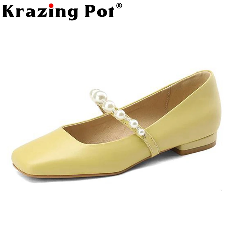 

Krazing Pot Full Grain Leather Square Toe Low Heels Mary Janes Fairy Kpop Style French Romantic String Bead Slip on Maiden Pumps