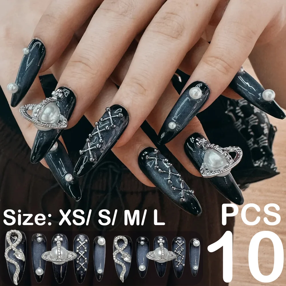 

10Pcs Handmade Y2k Press On Nails Punk Long Almond False Nails Flash Diamond Pearl Snake Hot Girl Nail Tips