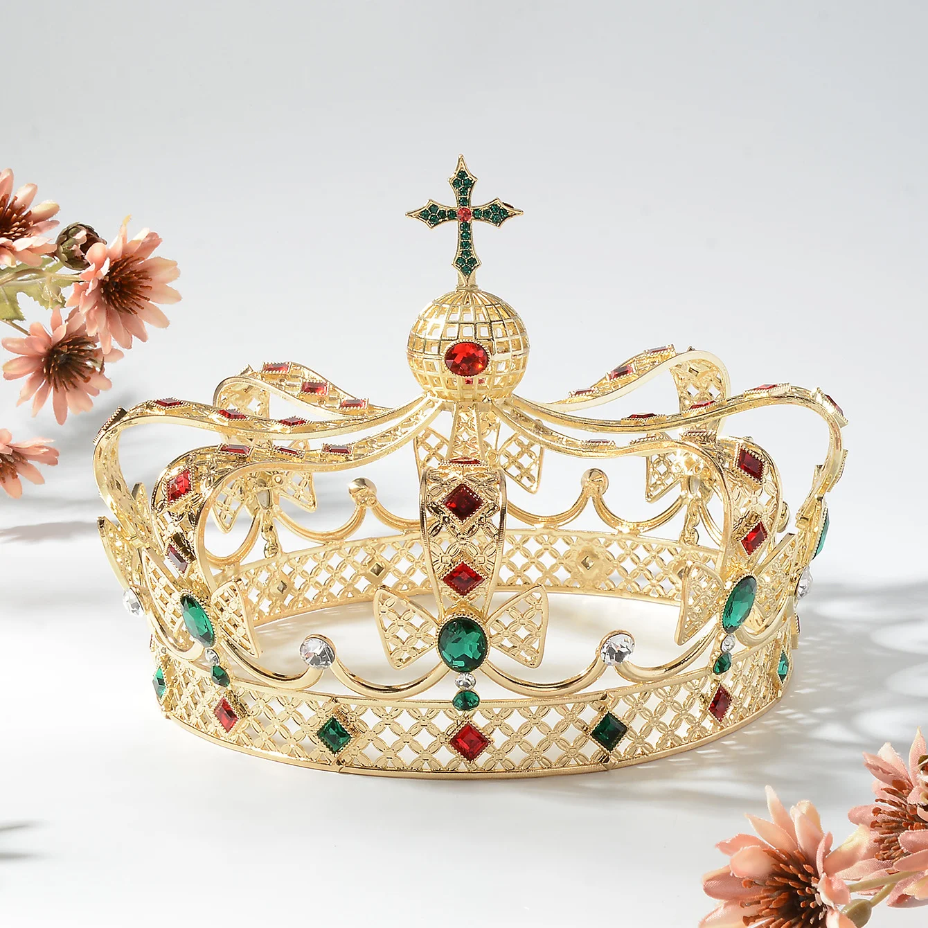 Baroque King Performance Crown Headpiece for Men Women Grand Round Crown Hair Accessory with Rhinestones