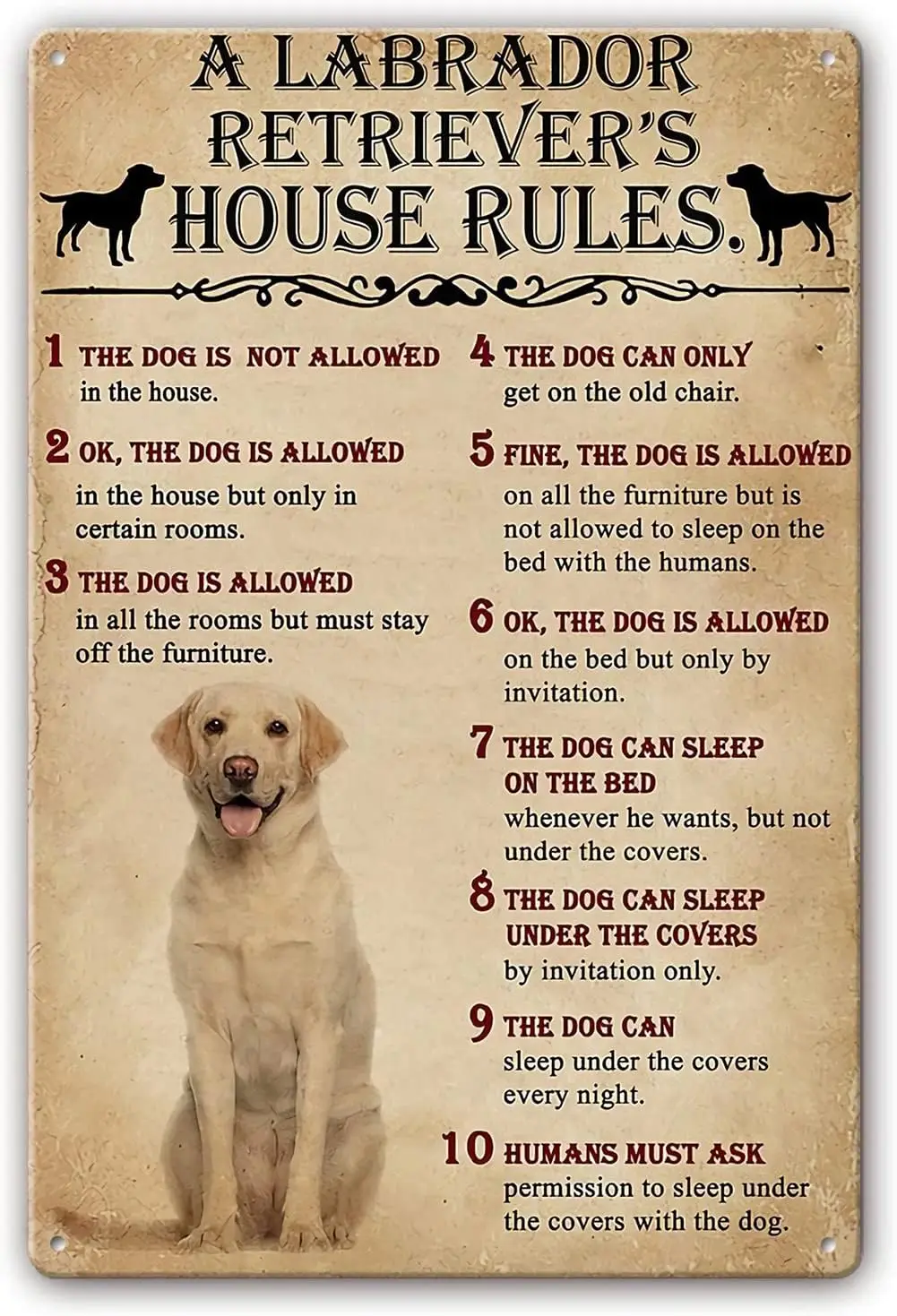 Metal Tin Sign The Dog House Rules A Labrador Retriever Wall Decor Animal Poster Metal Signs Art Prints Painting for Living Room