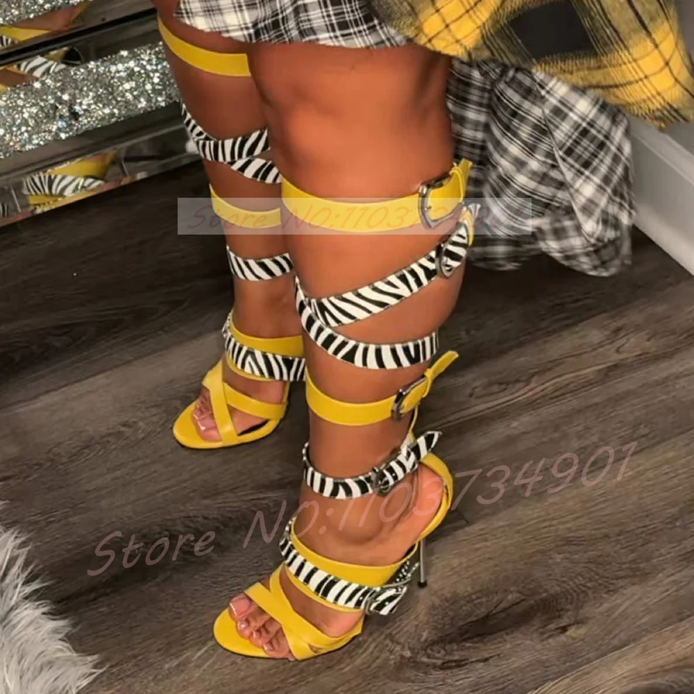 Sandalias Gladiador con Rayas de Zebra para Mujer, Color Amarillo Mostaza, con Múltiples Tiras y Hebilla Plateada, Tacones Altos, Sandalias Femeninas para Fiesta, Moda Urbana